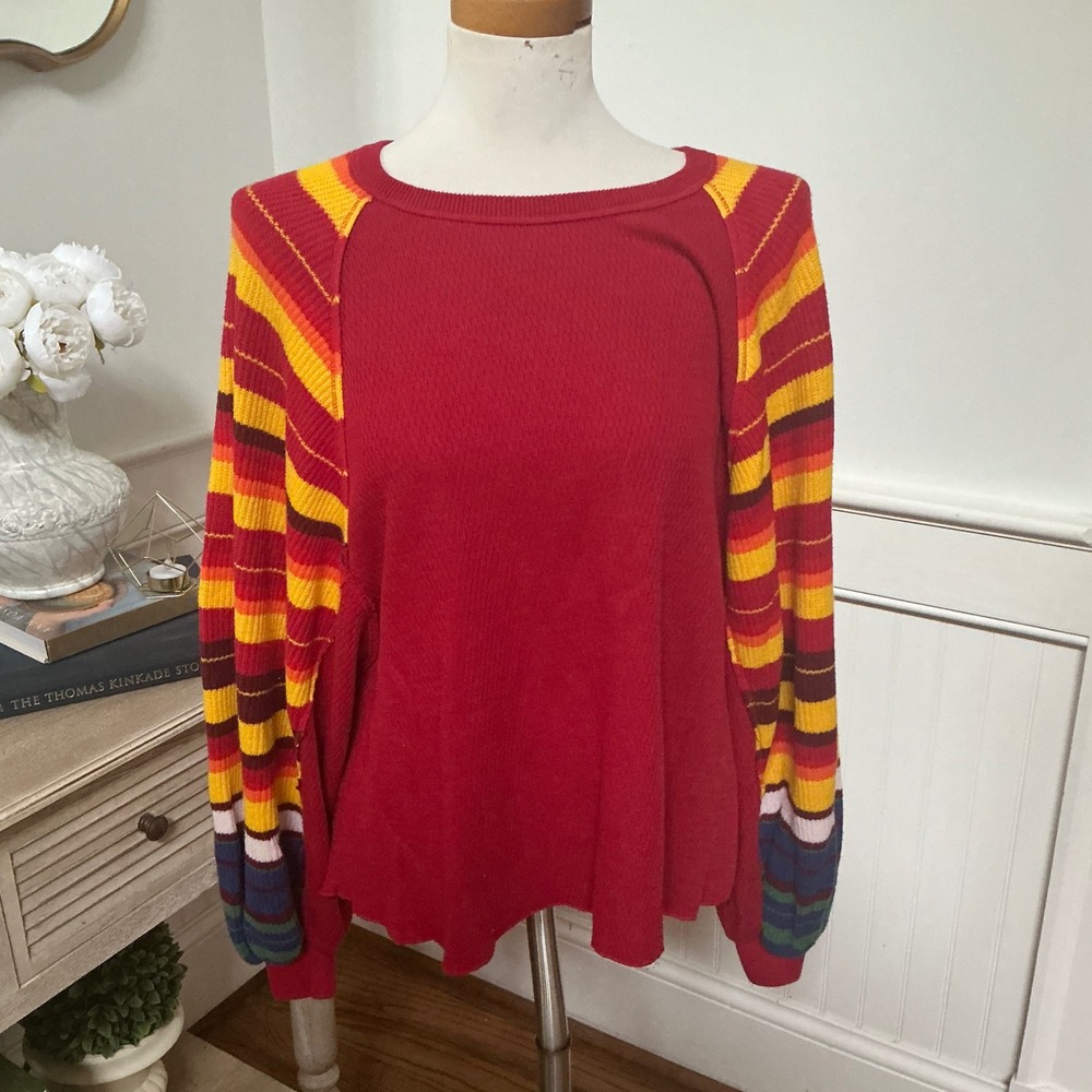 We The Free Free People Red Waffle Knit Thermal Striped Raglan Sleeve Top Small